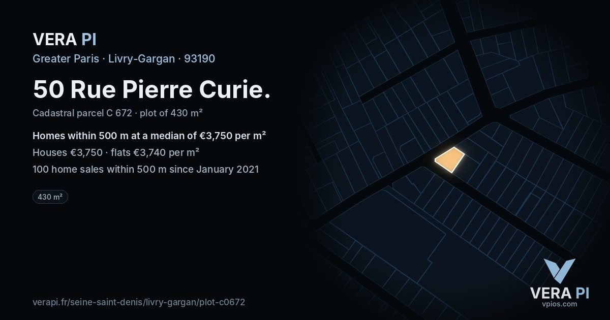 50 Rue Pierre Curie, Livry-Gargan at night – the plot lit, the parcels around coloured by the prices near them