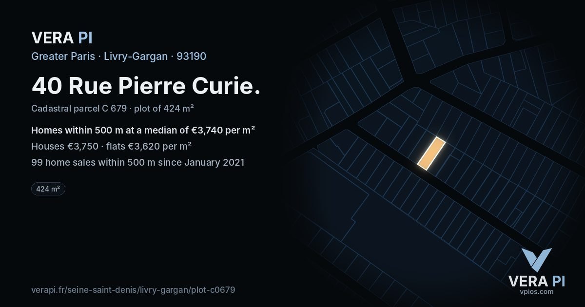 40 Rue Pierre Curie, Livry-Gargan at night – the plot lit, the parcels around coloured by the prices near them