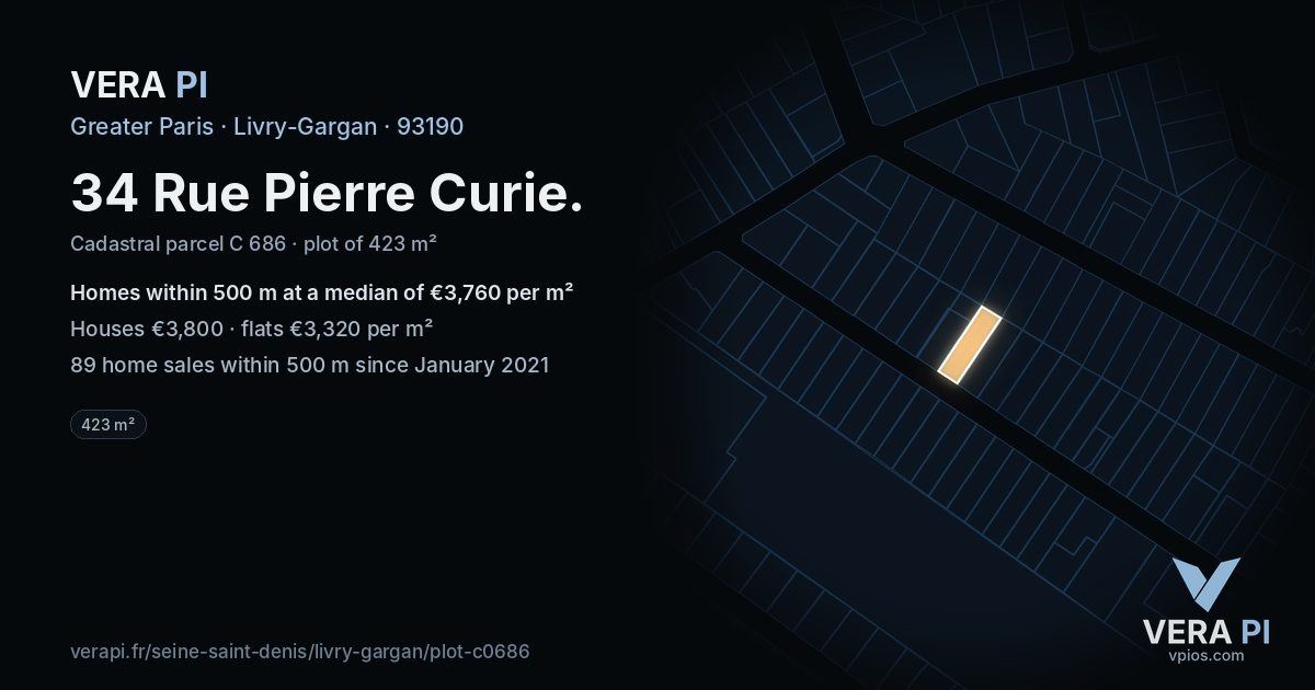 34 Rue Pierre Curie, Livry-Gargan at night – the plot lit, the parcels around coloured by the prices near them