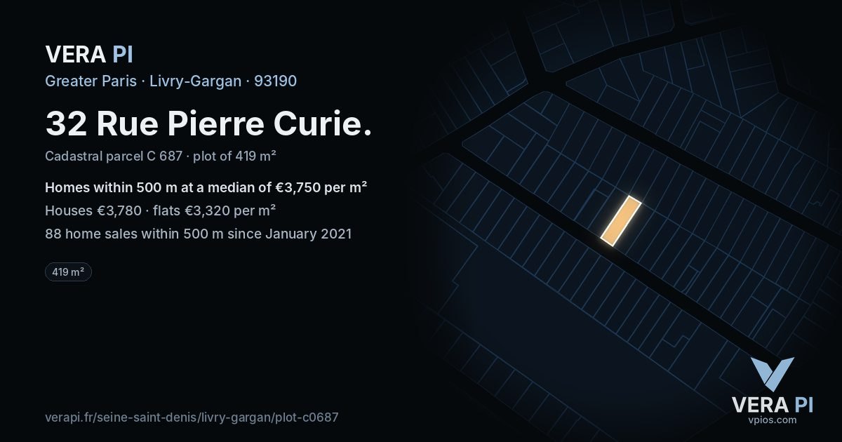 32 Rue Pierre Curie, Livry-Gargan at night – the plot lit, the parcels around coloured by the prices near them