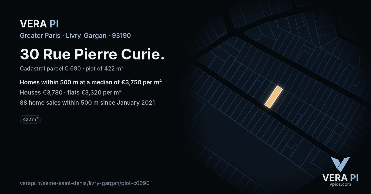 30 Rue Pierre Curie, Livry-Gargan at night – the plot lit, the parcels around coloured by the prices near them