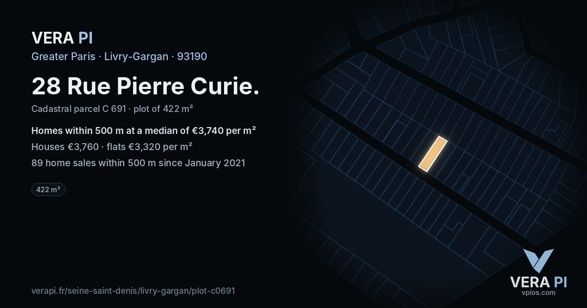 28 Rue Pierre Curie, Livry-Gargan at night – the plot lit, the parcels around coloured by the prices near them