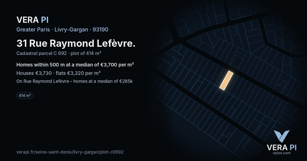 31 Rue Raymond Lefèvre, Livry-Gargan at night – the plot lit, the parcels around coloured by the prices near them
