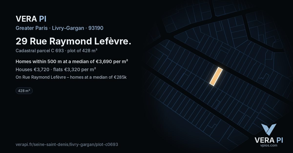 29 Rue Raymond Lefèvre, Livry-Gargan at night – the plot lit, the parcels around coloured by the prices near them