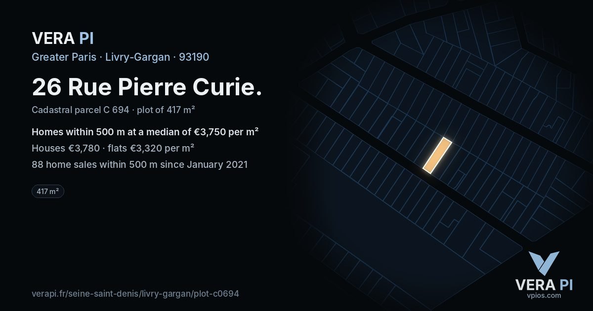 26 Rue Pierre Curie, Livry-Gargan at night – the plot lit, the parcels around coloured by the prices near them