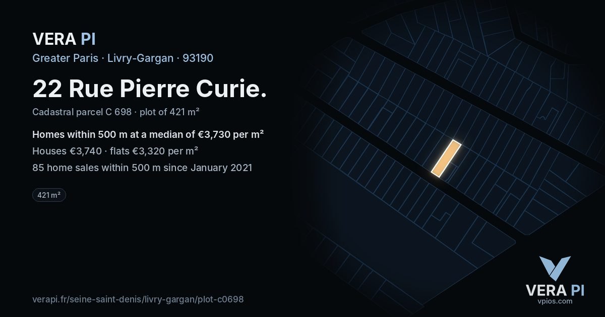 22 Rue Pierre Curie, Livry-Gargan at night – the plot lit, the parcels around coloured by the prices near them