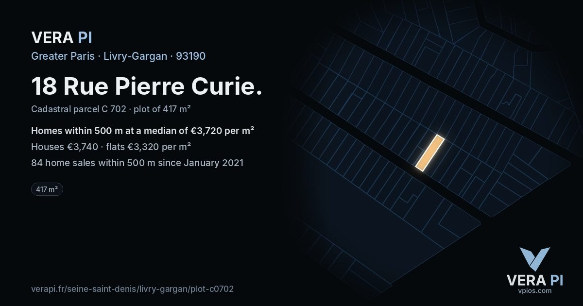 18 Rue Pierre Curie, Livry-Gargan at night – the plot lit, the parcels around coloured by the prices near them