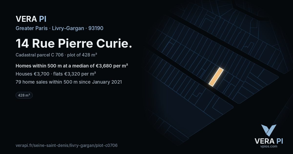 14 Rue Pierre Curie, Livry-Gargan at night – the plot lit, the parcels around coloured by the prices near them