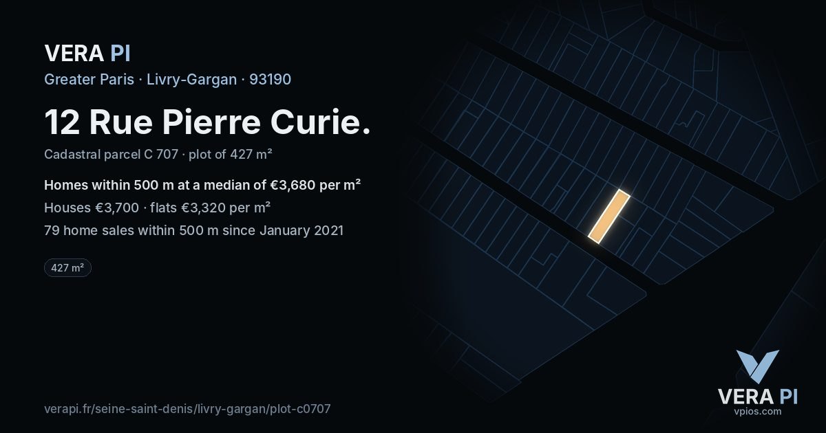 12 Rue Pierre Curie, Livry-Gargan at night – the plot lit, the parcels around coloured by the prices near them
