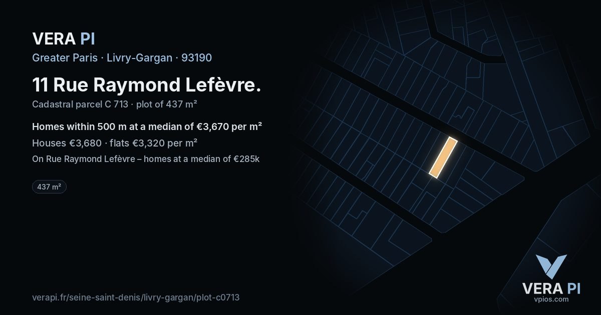 11 Rue Raymond Lefèvre, Livry-Gargan at night – the plot lit, the parcels around coloured by the prices near them