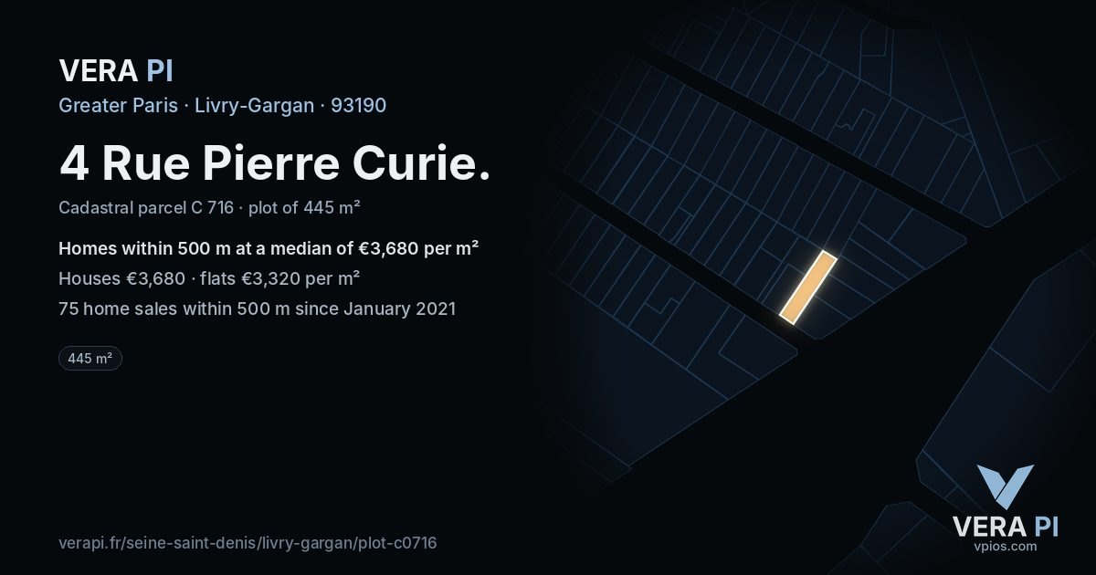 4 Rue Pierre Curie, Livry-Gargan at night – the plot lit, the parcels around coloured by the prices near them