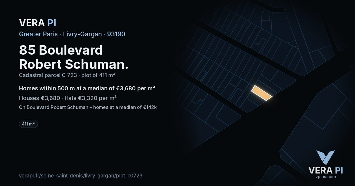 85 Boulevard Robert Schuman, Livry-Gargan at night – the plot lit, the parcels around coloured by the prices near them