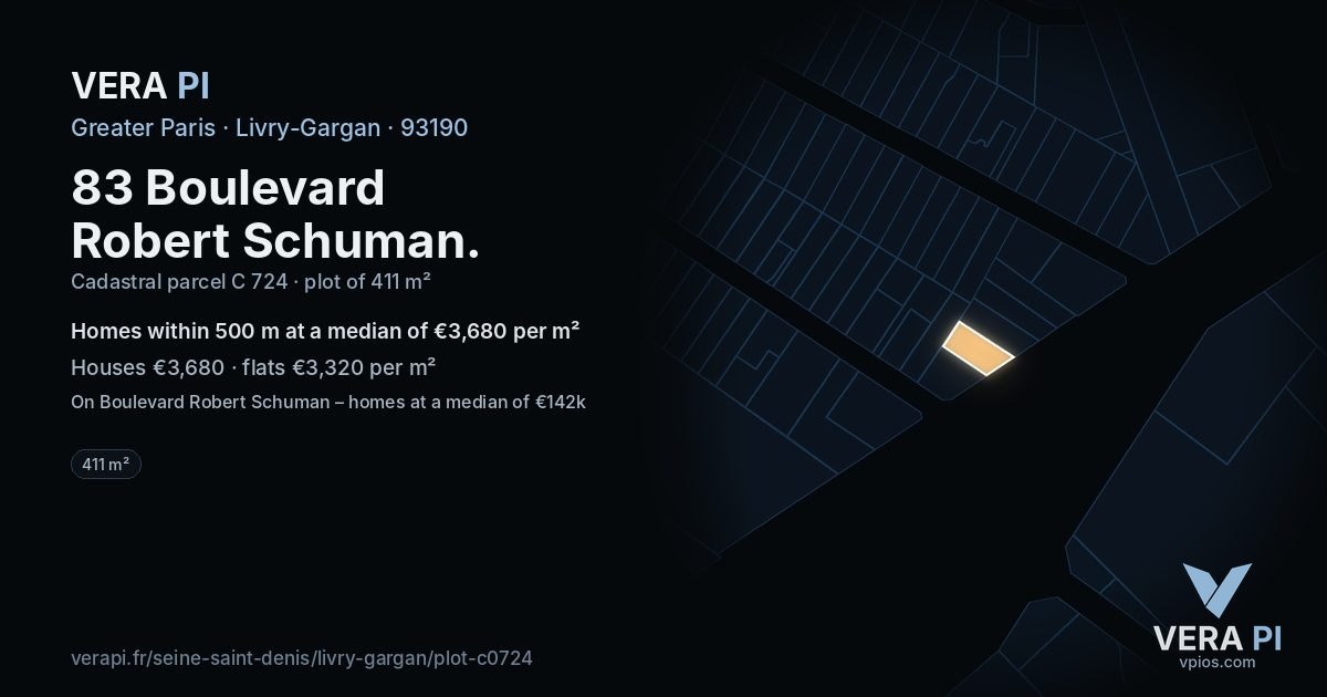 83 Boulevard Robert Schuman, Livry-Gargan at night – the plot lit, the parcels around coloured by the prices near them