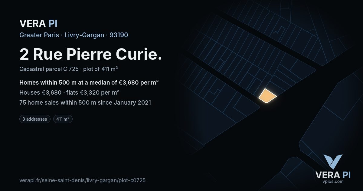 2 Rue Pierre Curie, Livry-Gargan at night – the plot lit, the parcels around coloured by the prices near them