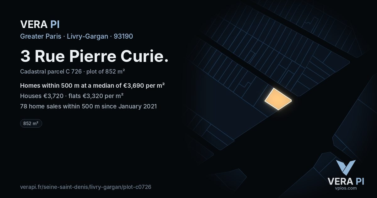 3 Rue Pierre Curie, Livry-Gargan at night – the plot lit, the parcels around coloured by the prices near them