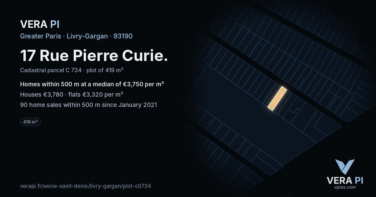 17 Rue Pierre Curie, Livry-Gargan at night – the plot lit, the parcels around coloured by the prices near them