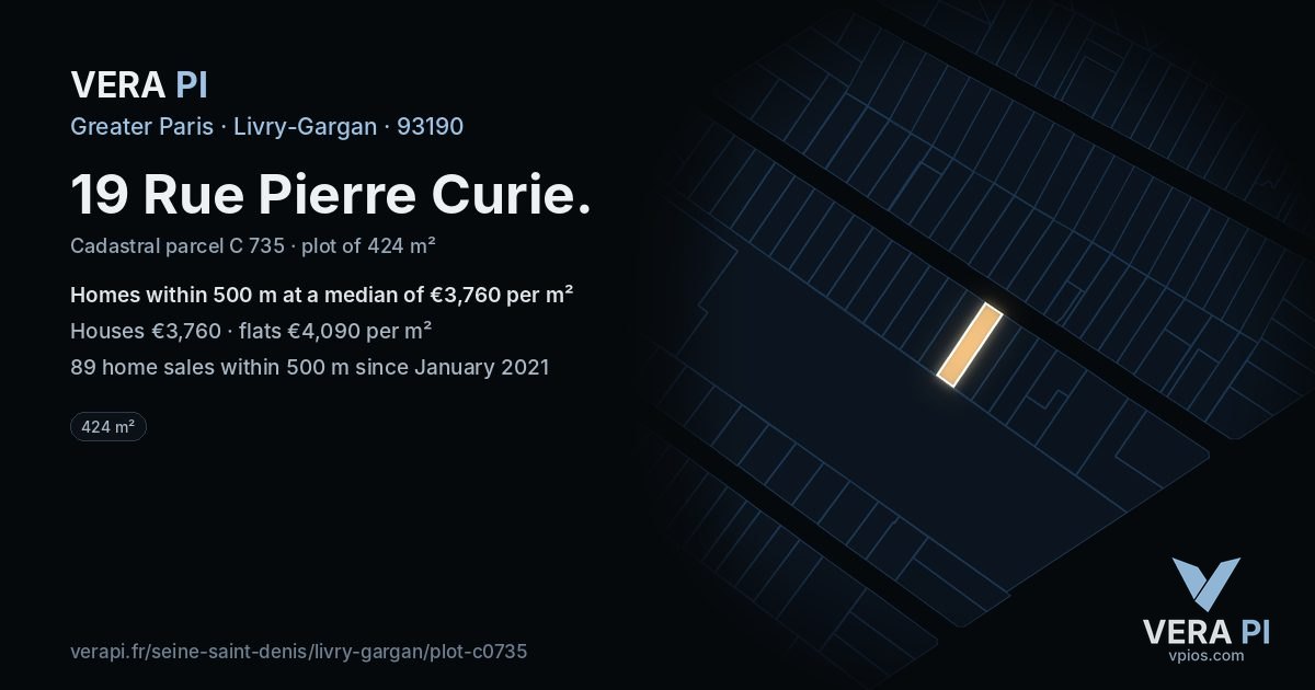 19 Rue Pierre Curie, Livry-Gargan at night – the plot lit, the parcels around coloured by the prices near them