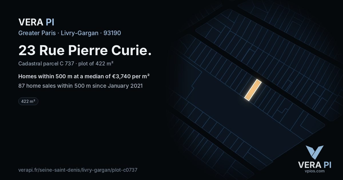 23 Rue Pierre Curie, Livry-Gargan at night – the plot lit, the parcels around coloured by the prices near them
