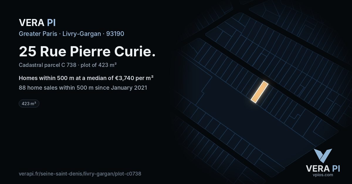25 Rue Pierre Curie, Livry-Gargan at night – the plot lit, the parcels around coloured by the prices near them