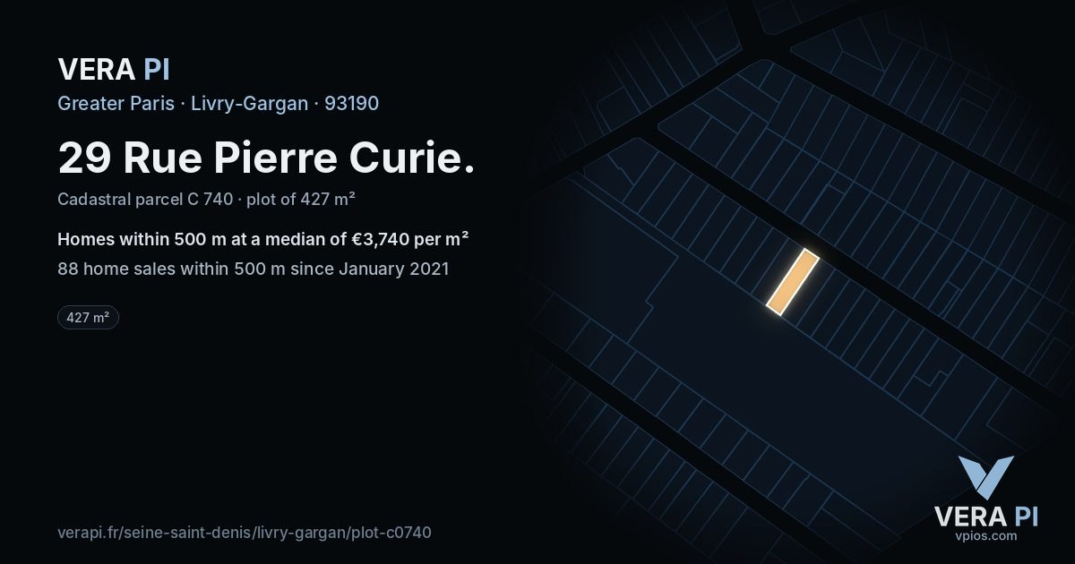 29 Rue Pierre Curie, Livry-Gargan at night – the plot lit, the parcels around coloured by the prices near them