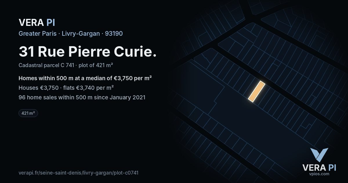 31 Rue Pierre Curie, Livry-Gargan at night – the plot lit, the parcels around coloured by the prices near them