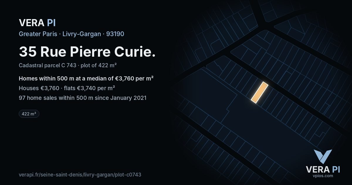 35 Rue Pierre Curie, Livry-Gargan at night – the plot lit, the parcels around coloured by the prices near them