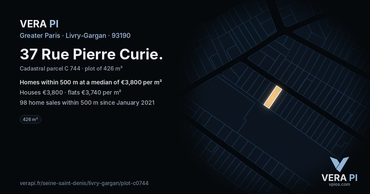 37 Rue Pierre Curie, Livry-Gargan at night – the plot lit, the parcels around coloured by the prices near them