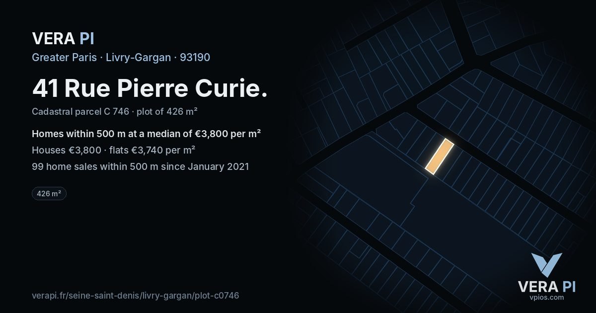 41 Rue Pierre Curie, Livry-Gargan at night – the plot lit, the parcels around coloured by the prices near them