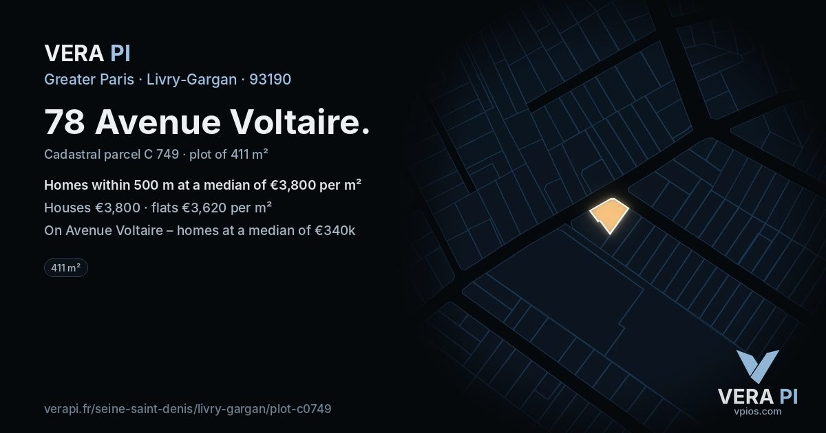 78 Avenue Voltaire, Livry-Gargan at night – the plot lit, the parcels around coloured by the prices near them