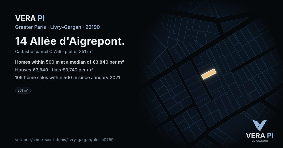 14 Allée d'Aigrepont, Livry-Gargan at night – the plot lit, the parcels around coloured by the prices near them