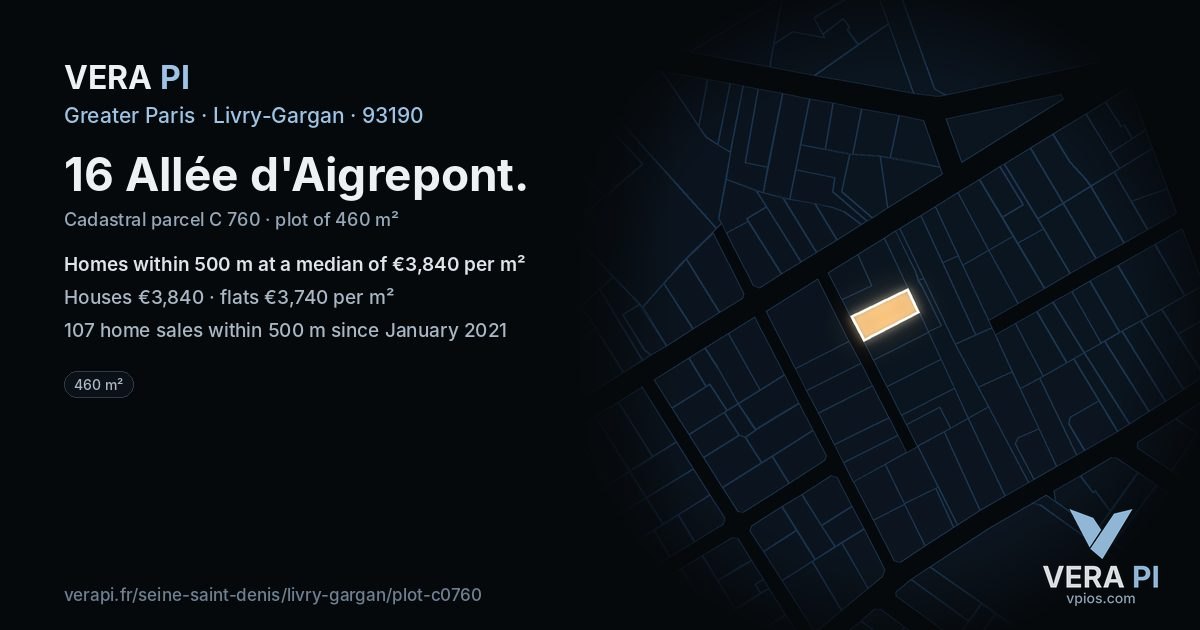 16 Allée d'Aigrepont, Livry-Gargan at night – the plot lit, the parcels around coloured by the prices near them