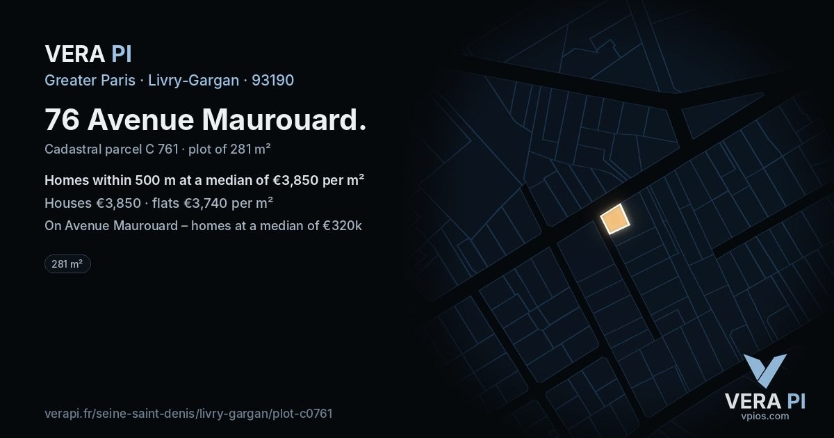 76 Avenue Maurouard, Livry-Gargan at night – the plot lit, the parcels around coloured by the prices near them