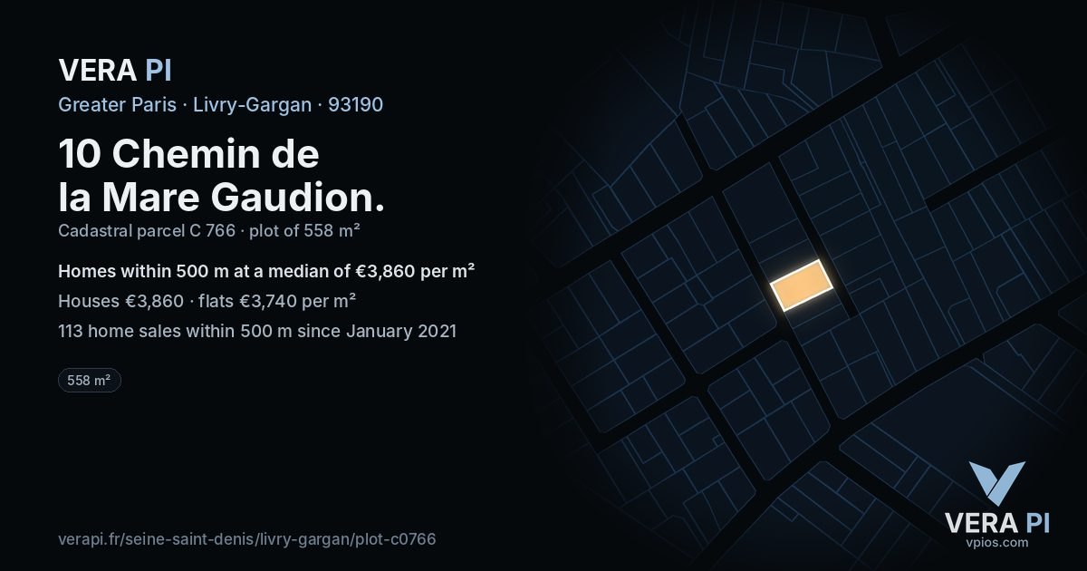 10 Chemin de la Mare Gaudion, Livry-Gargan at night – the plot lit, the parcels around coloured by the prices near them