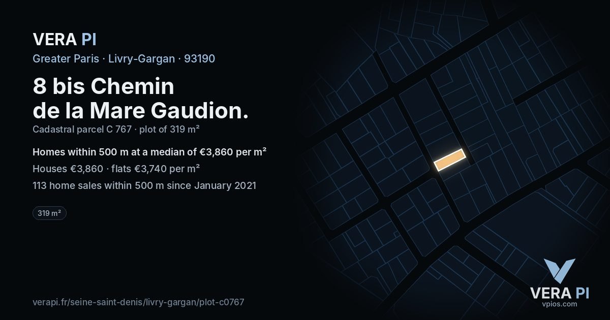 8 bis Chemin de la Mare Gaudion, Livry-Gargan at night – the plot lit, the parcels around coloured by the prices near them