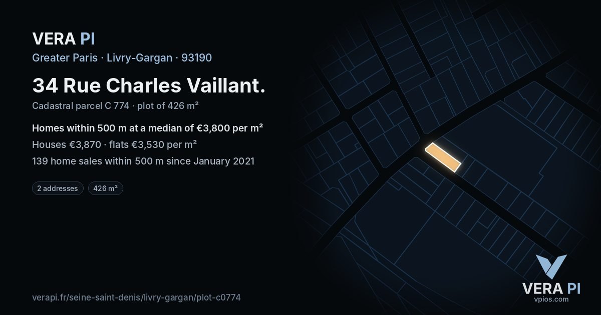 34 Rue Charles Vaillant, Livry-Gargan at night – the plot lit, the parcels around coloured by the prices near them