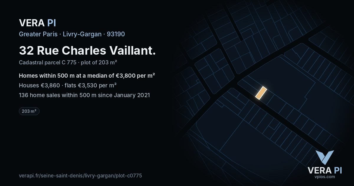 32 Rue Charles Vaillant, Livry-Gargan at night – the plot lit, the parcels around coloured by the prices near them