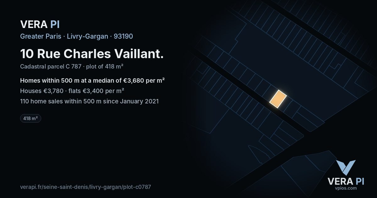10 Rue Charles Vaillant, Livry-Gargan at night – the plot lit, the parcels around coloured by the prices near them