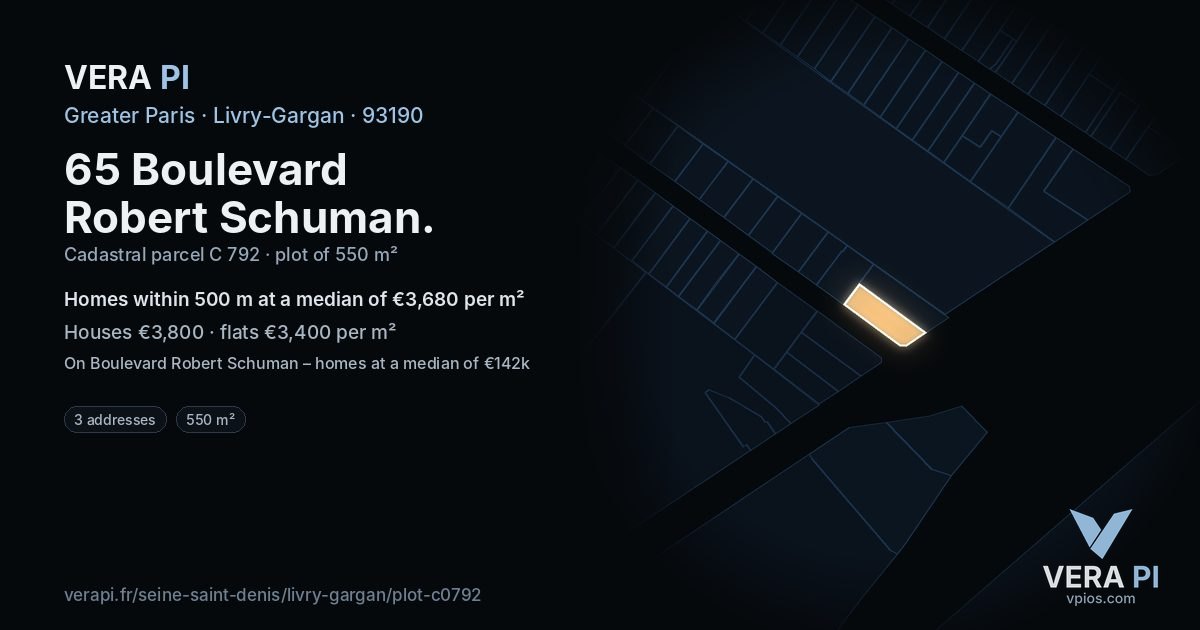 65 Boulevard Robert Schuman, Livry-Gargan at night – the plot lit, the parcels around coloured by the prices near them