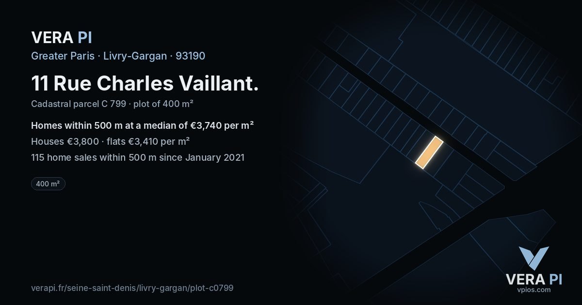 11 Rue Charles Vaillant, Livry-Gargan at night – the plot lit, the parcels around coloured by the prices near them