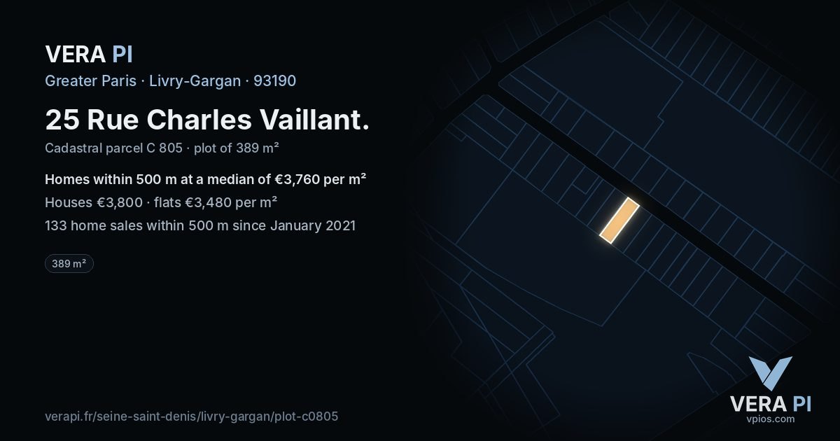 25 Rue Charles Vaillant, Livry-Gargan at night – the plot lit, the parcels around coloured by the prices near them