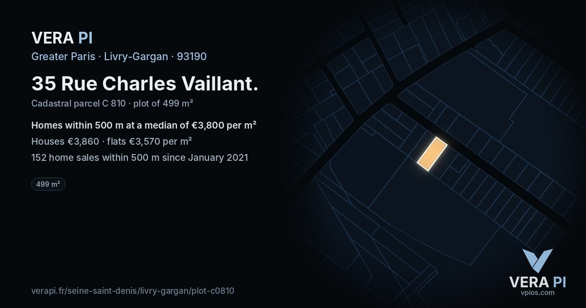 35 Rue Charles Vaillant, Livry-Gargan at night – the plot lit, the parcels around coloured by the prices near them