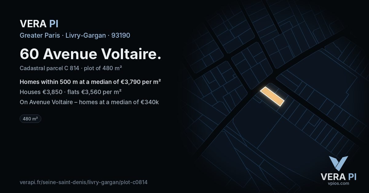 60 Avenue Voltaire, Livry-Gargan at night – the plot lit, the parcels around coloured by the prices near them