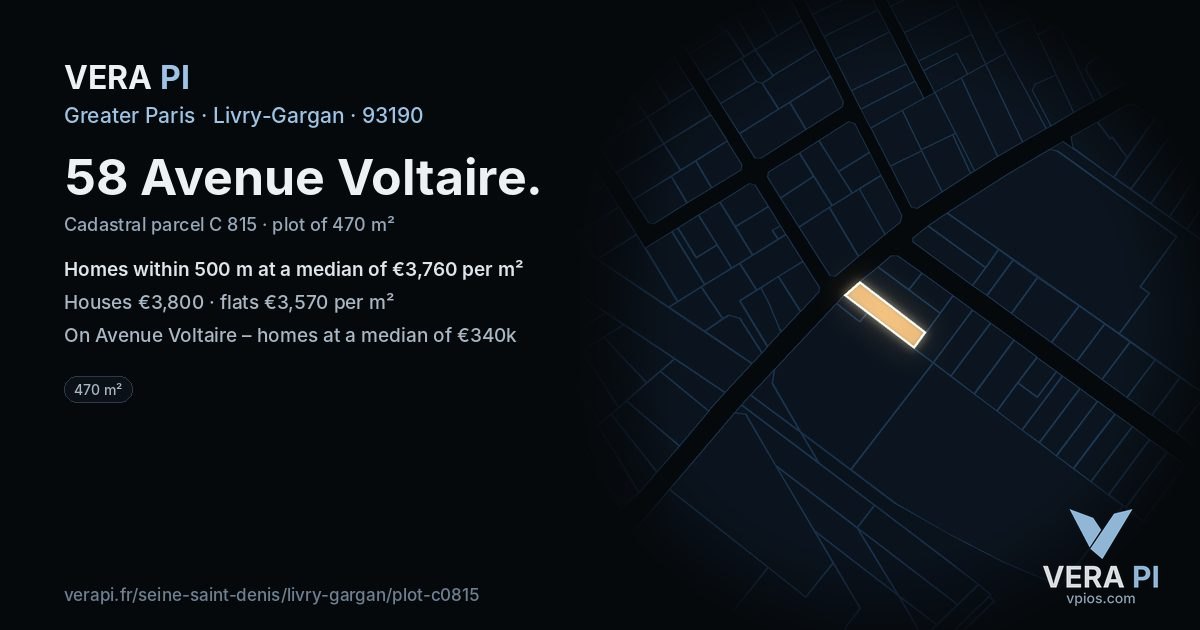 58 Avenue Voltaire, Livry-Gargan at night – the plot lit, the parcels around coloured by the prices near them