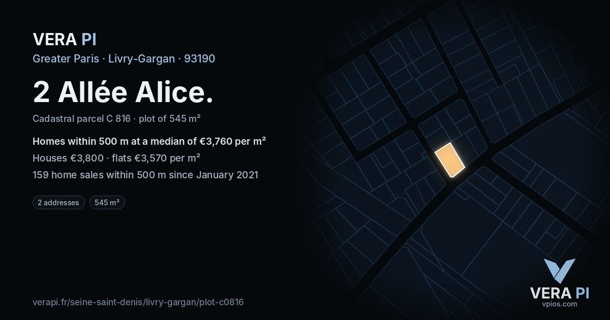 2 Allée Alice, Livry-Gargan at night – the plot lit, the parcels around coloured by the prices near them