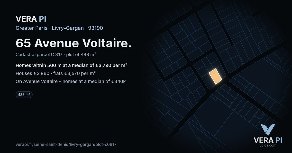 65 Avenue Voltaire, Livry-Gargan at night – the plot lit, the parcels around coloured by the prices near them