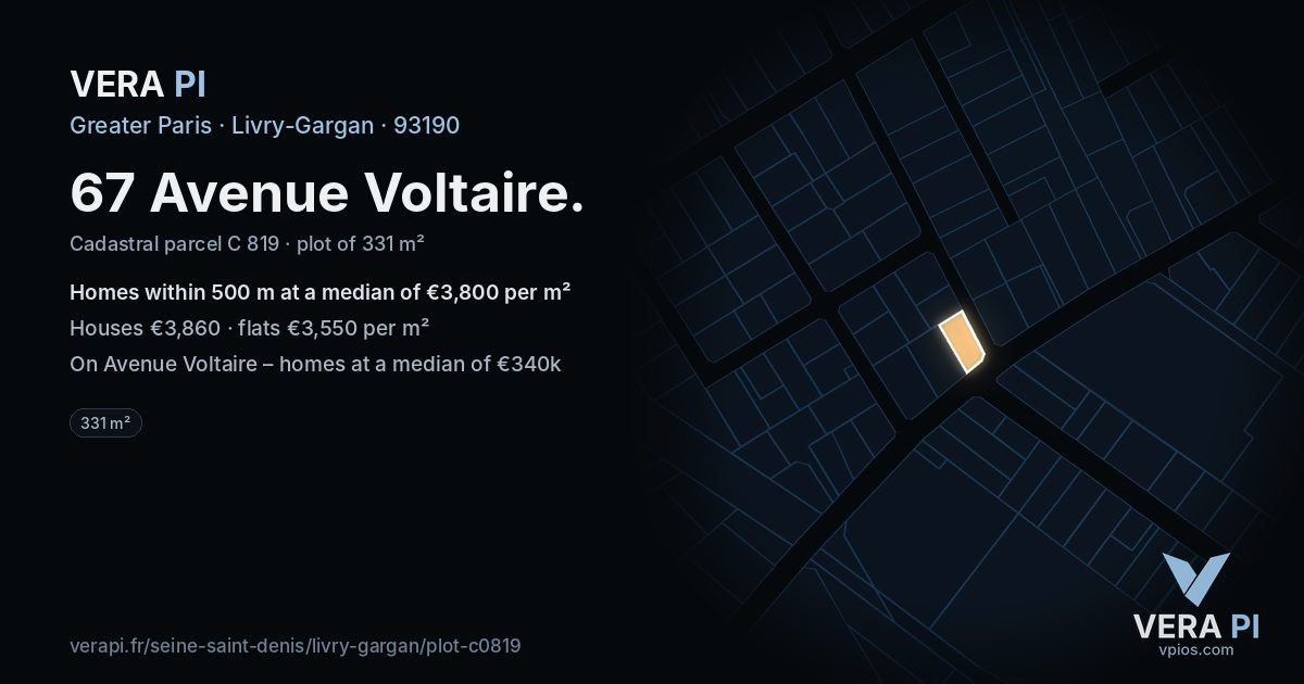 67 Avenue Voltaire, Livry-Gargan at night – the plot lit, the parcels around coloured by the prices near them