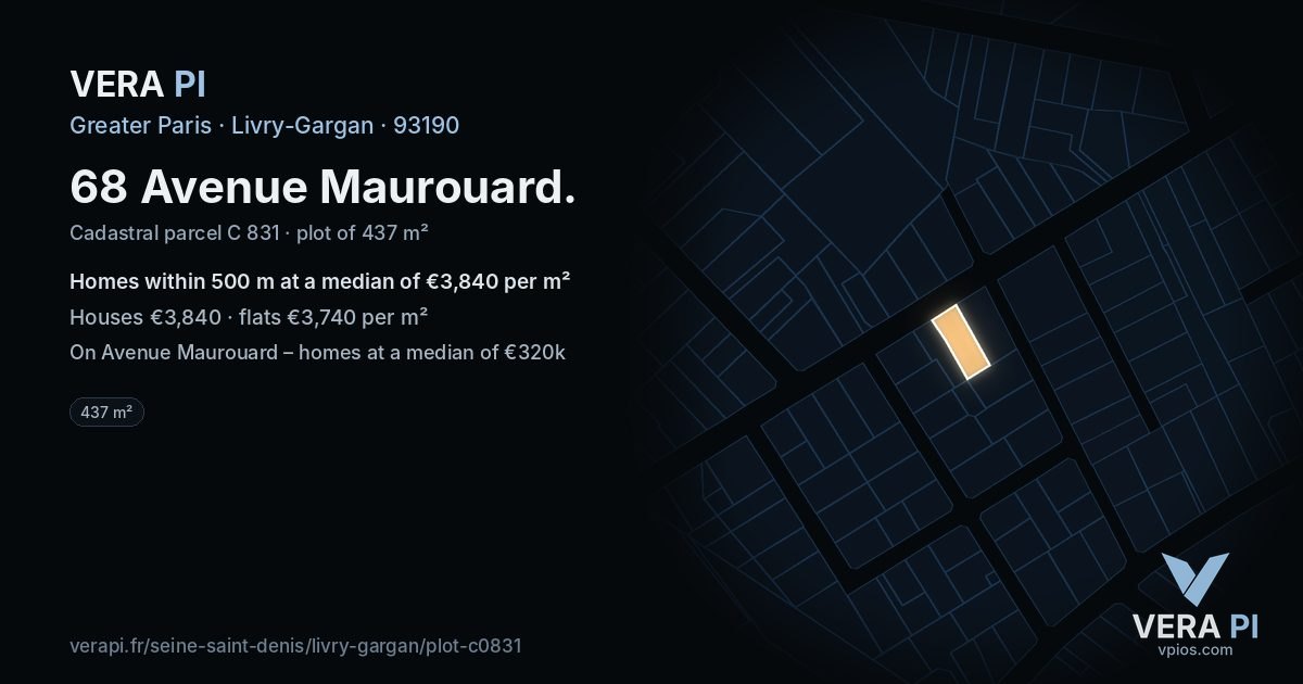 68 Avenue Maurouard, Livry-Gargan at night – the plot lit, the parcels around coloured by the prices near them