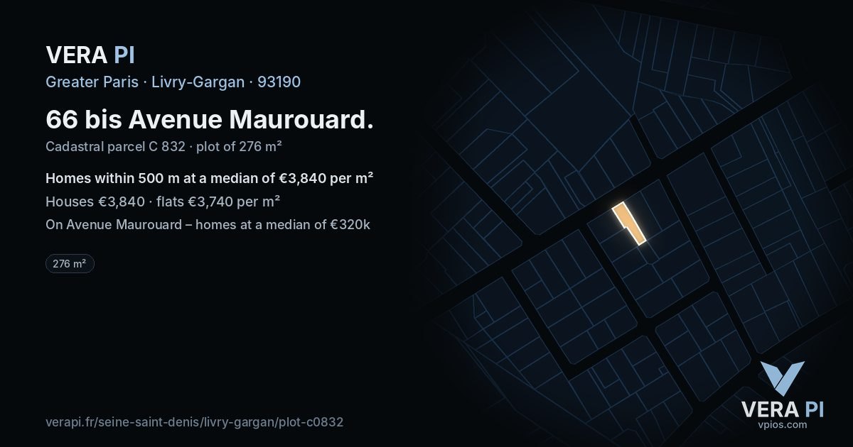 66 bis Avenue Maurouard, Livry-Gargan at night – the plot lit, the parcels around coloured by the prices near them