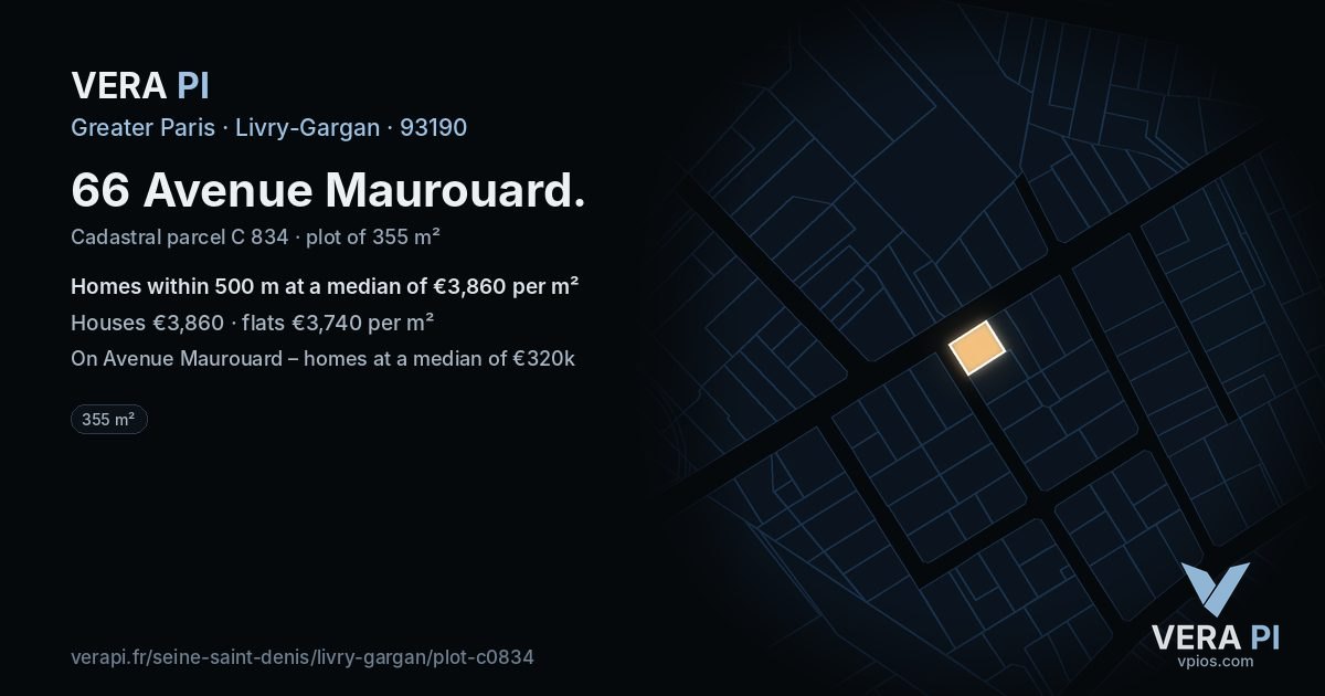 66 Avenue Maurouard, Livry-Gargan at night – the plot lit, the parcels around coloured by the prices near them