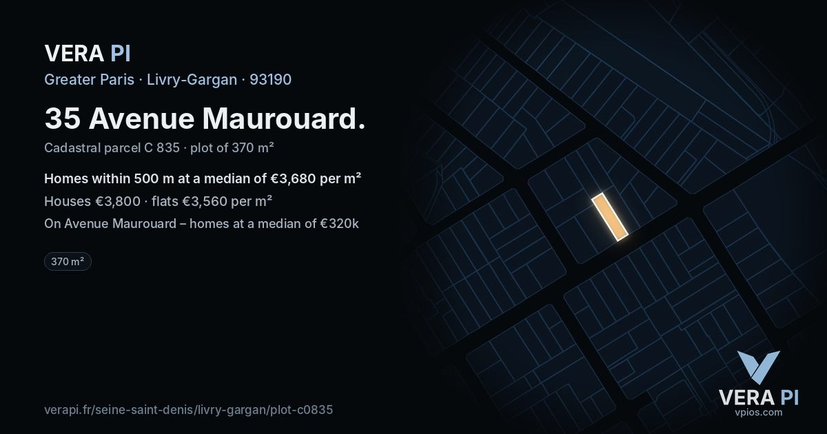 35 Avenue Maurouard, Livry-Gargan at night – the plot lit, the parcels around coloured by the prices near them